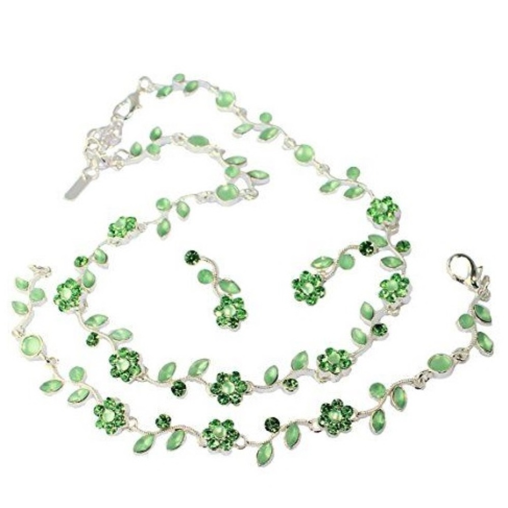 Bridesmaid Jewelry Green Crystal Flower & Vine Set